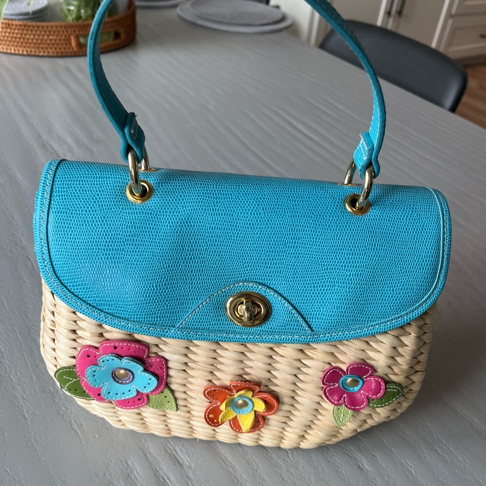 Floral Woven Straw Top Handle Summer Handbag Blue Cream - Picture 4 of 8